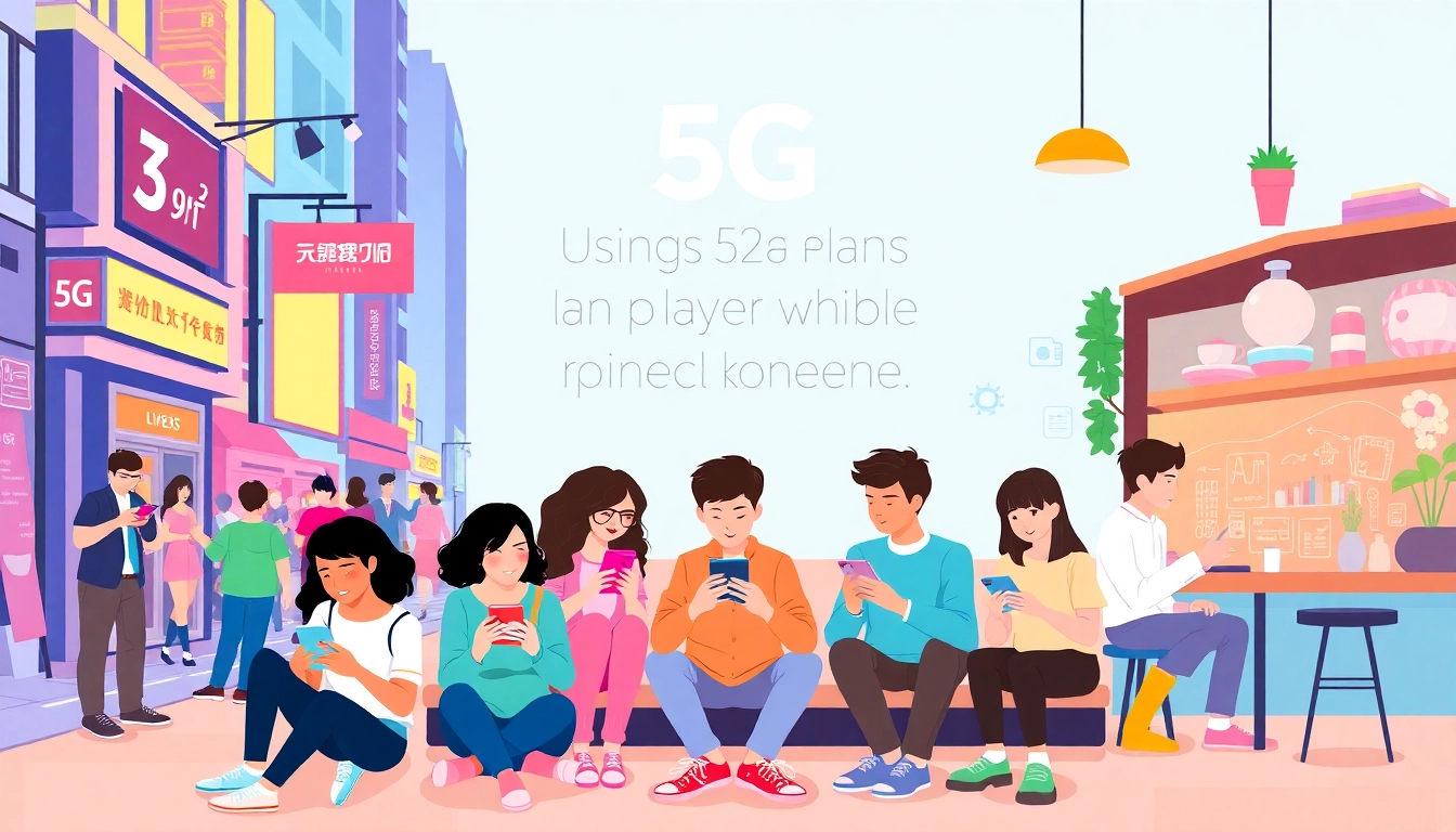 香港各種5G手機計劃的插圖，展示人們在不同環境中使用智能手機的場景。