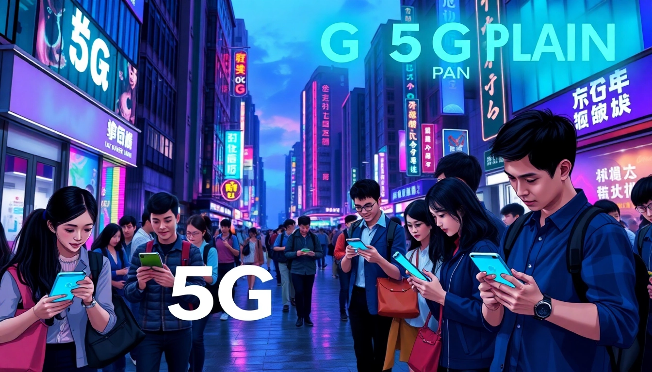 香港繁忙街道，年輕人在使用手機享受高速5G網絡，夜晚霓虹燈閃爍，展現現代都市科技感。
