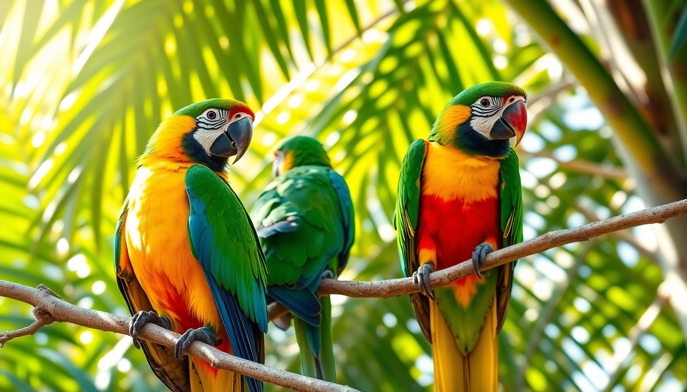 Colorful parrots in tropical setting, perched on branches, displaying vivid plumage and lively behavior.