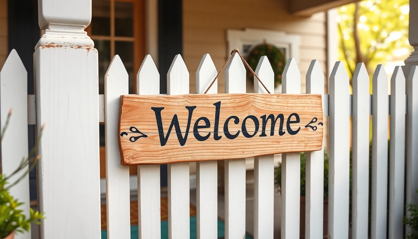 Handcrafted welcome signs adorn a cozy front porch, inviting guests with rustic charm and personalized detailing.