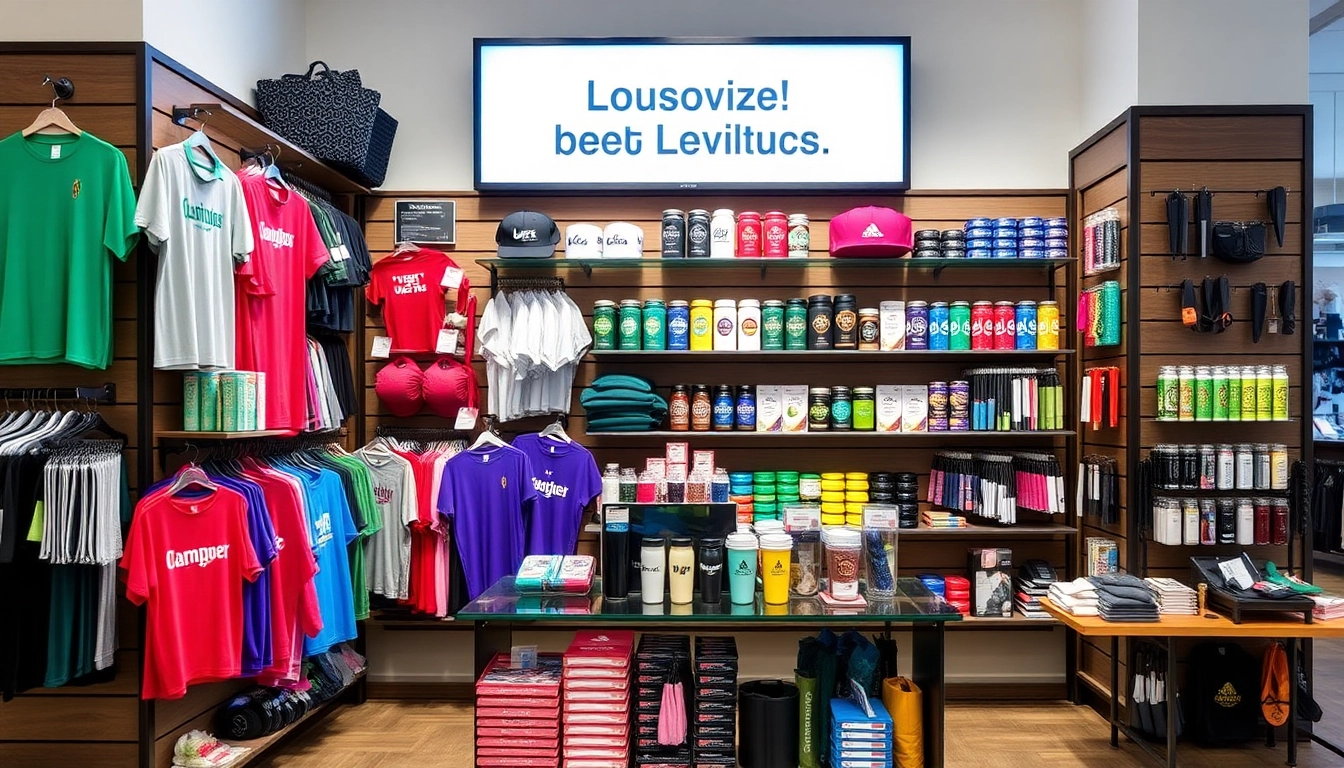 Showcase of customizable promotional products in Louisville, including branded apparel, tech, and drinkware, arranged appealingly for marketing success