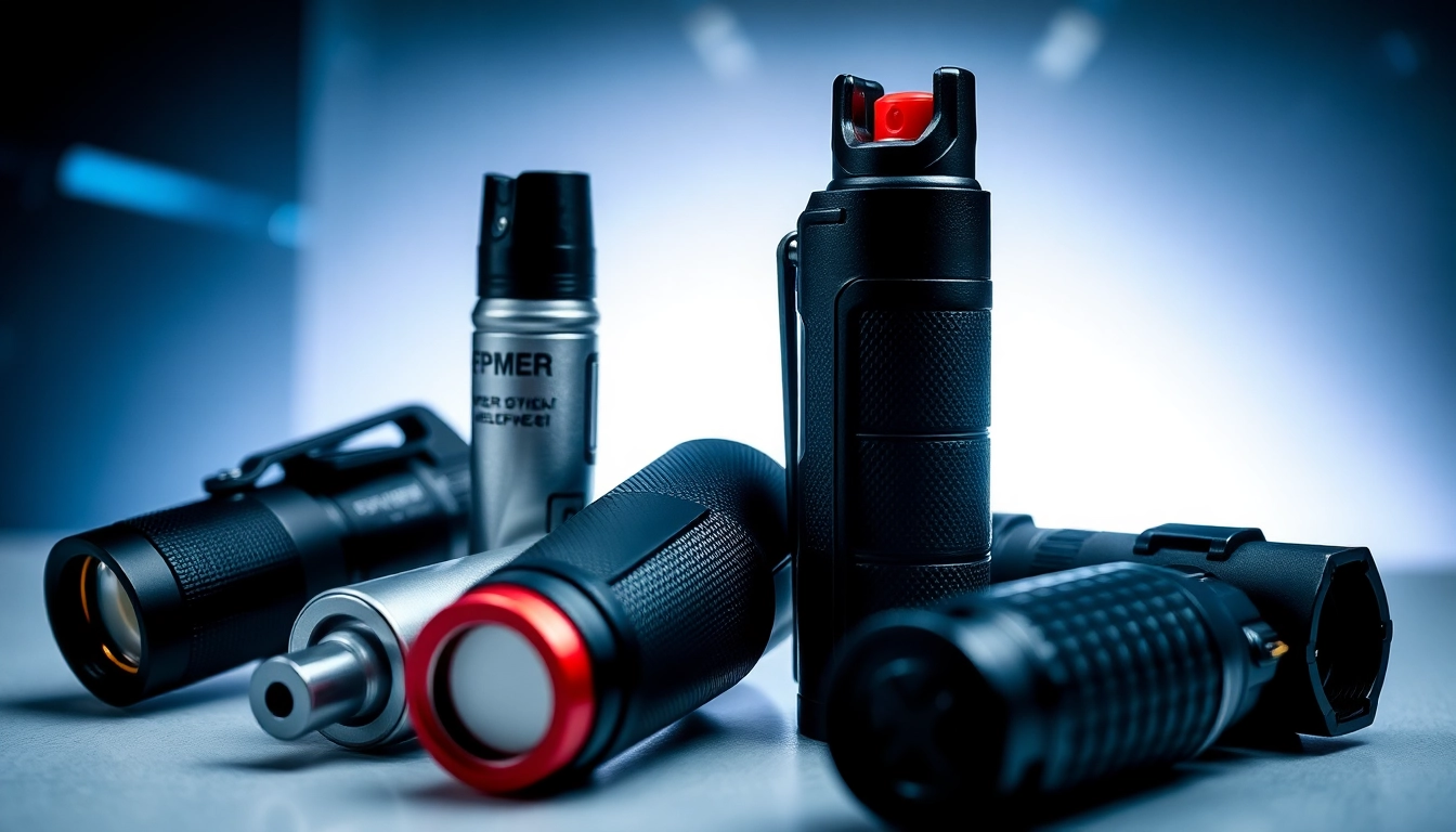 Self-Defense Weapons like pepper spray, stun gun, and baton displayed for personal safety use, showcasing compact, effective tools for self-protection.