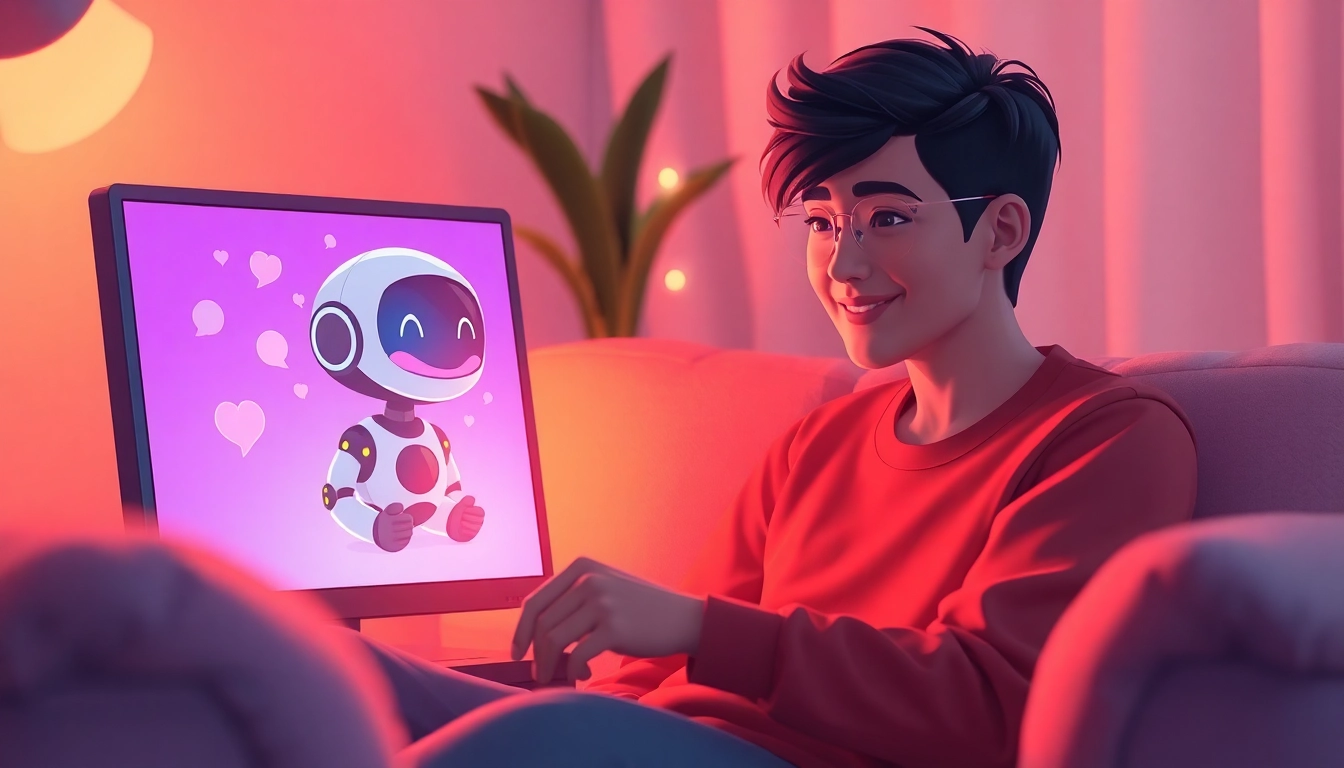 A cozy chat scene between a user and an AI chatbot in a warm, inviting setting.