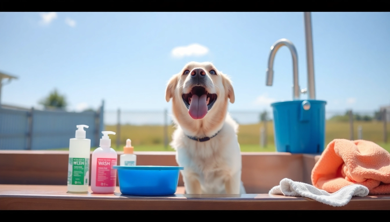 Enjoy a fun dog wash near me experience at a self-serve washing station with playful pups.