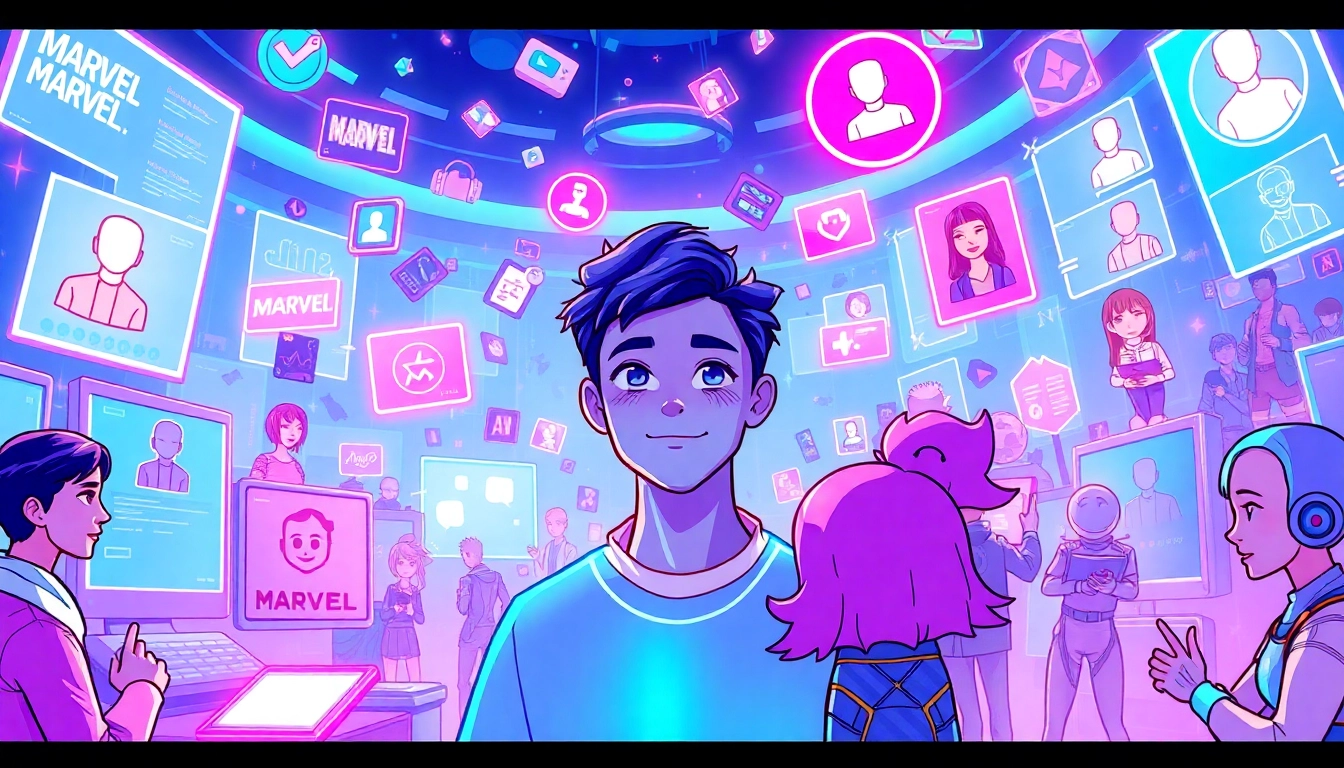 An illustration of a virtual social media environment with avatars, fandom icons, and AI characters in a colorful, futuristic setting.