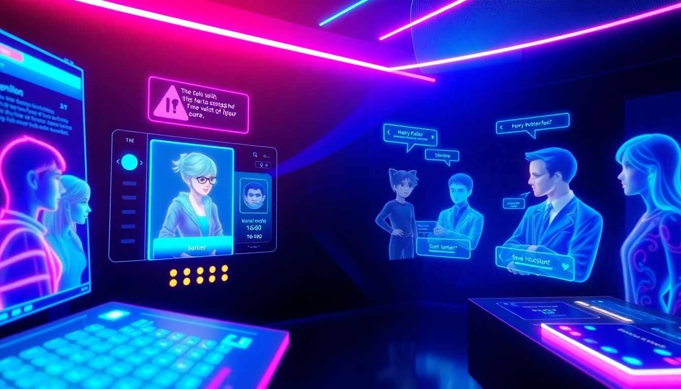 Futuristic digital interface with AI characters from various fandoms interacting in a colorful, high-tech environment.