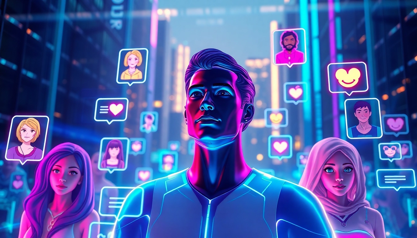 Futuristic digital scene with avatars and holographic social media interface featuring fandom characters.