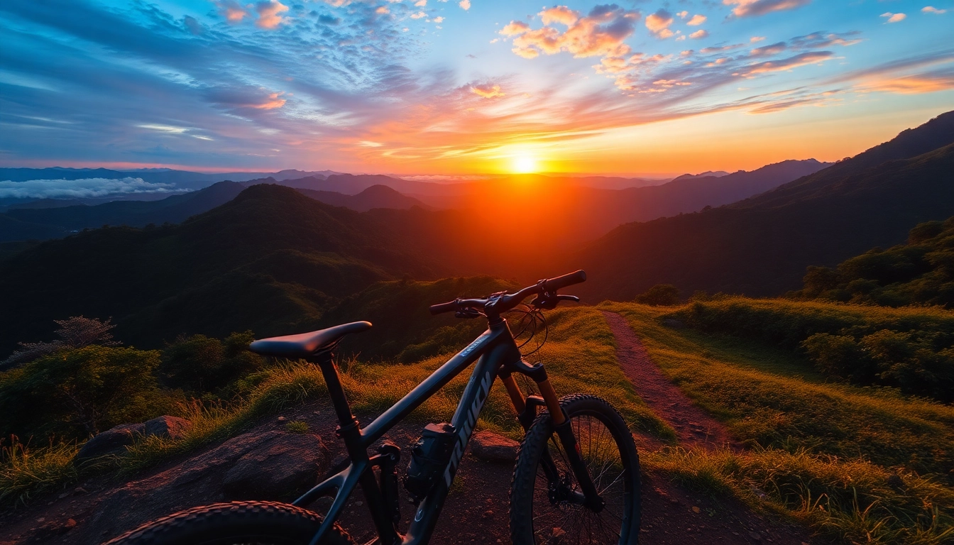 Trek mountain bike crossing scenic Indonesian trail during sunrise, ideal for adventure lovers and cyclists exploring nature.
