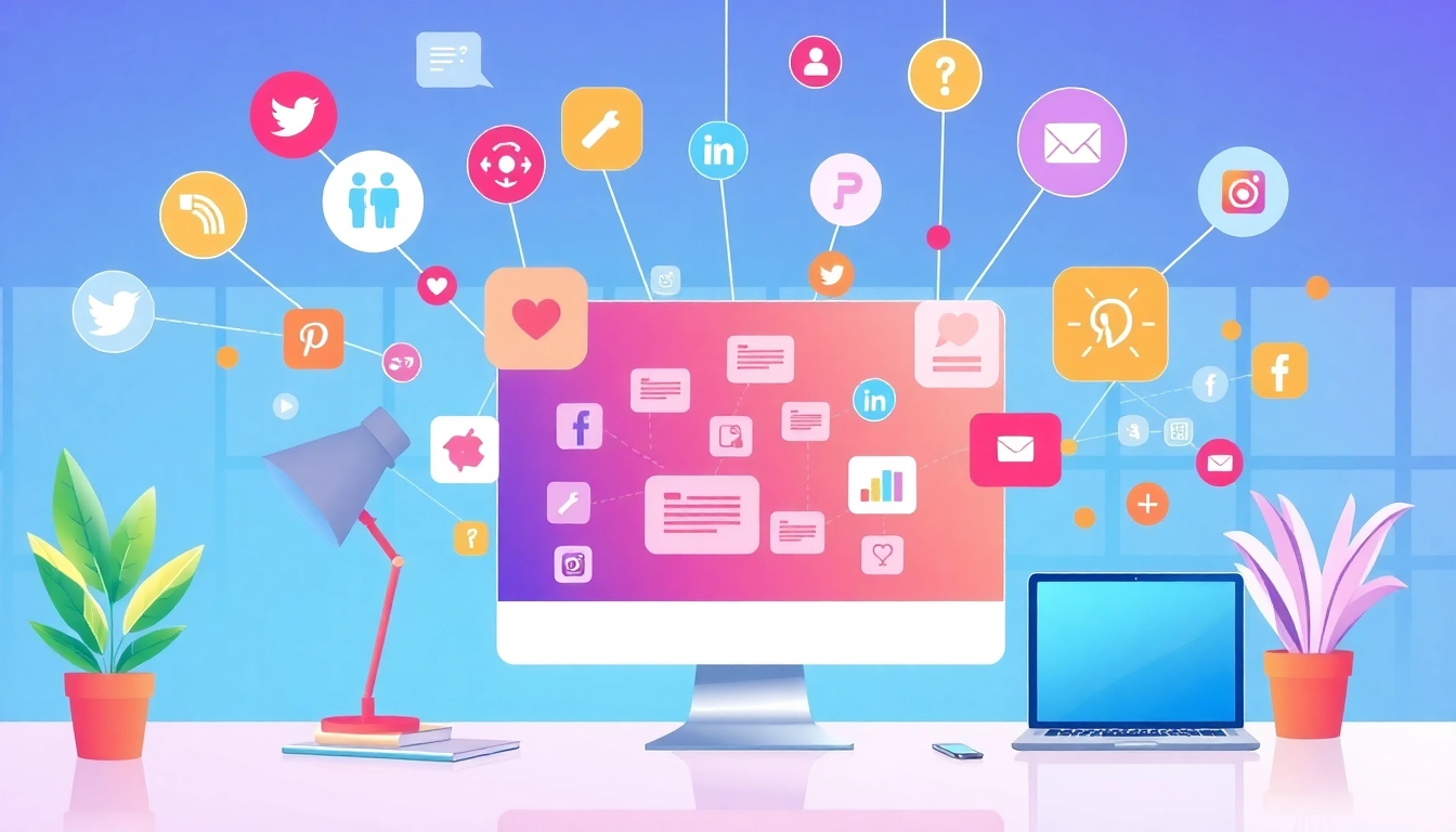 A vibrant digital marketing scene promoting https://32win.social/ with social media icons and network elements enhancing user engagement