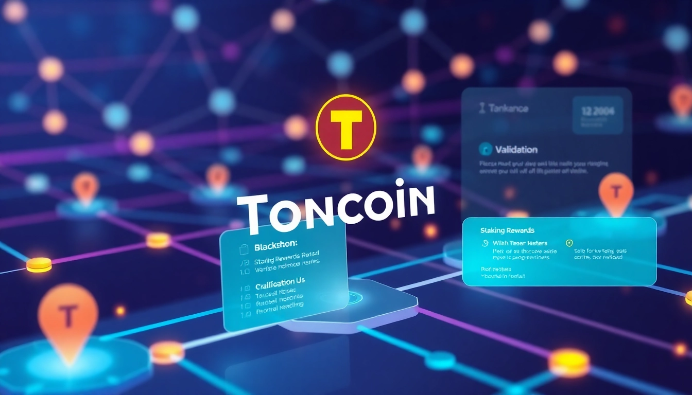 Visual depicting secure staking ton on a blockchain network with validators and rewards, illustrating decentralized finance security and growth.