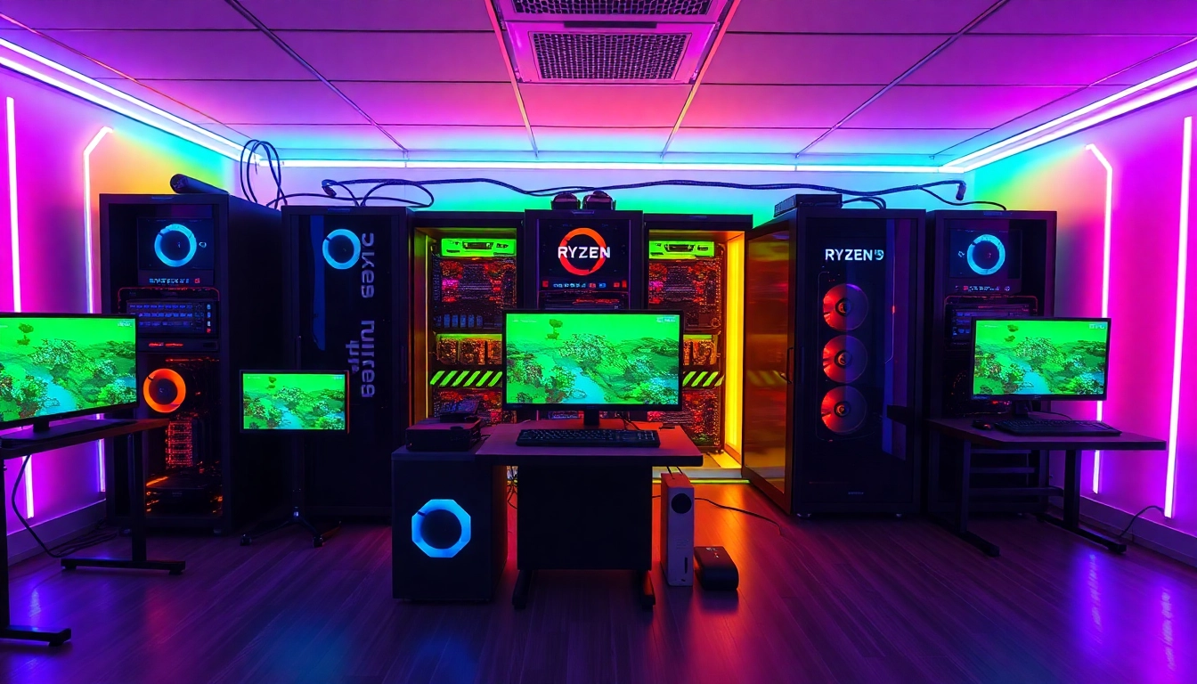 Game hosting minecraft with high-performance servers, showing powerful Ryzen hardware and colorful gaming setup for seamless gameplay