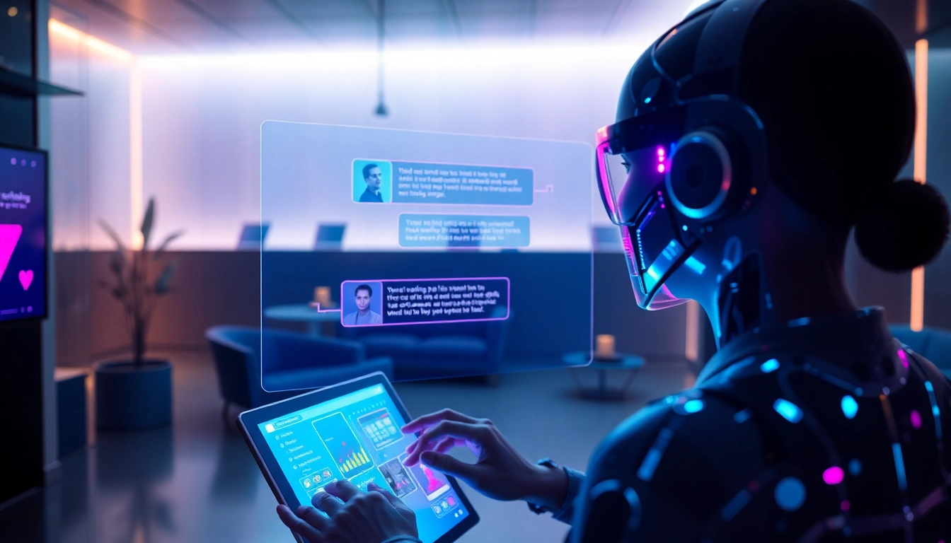 Futuristic AI chat interface with holographic visuals in a modern setting, highlighting immersive digital interaction.