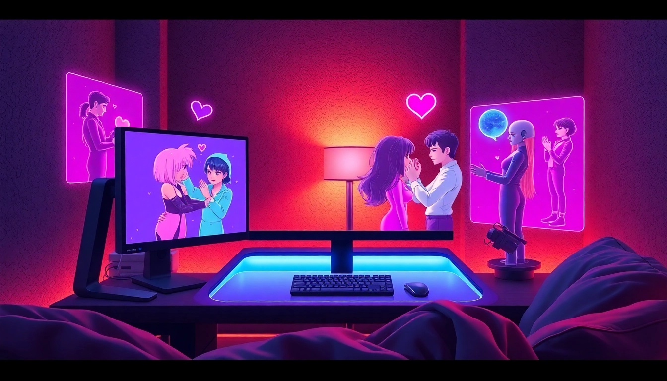 Futuristic AI chat environment with expressive characters and holographic visuals