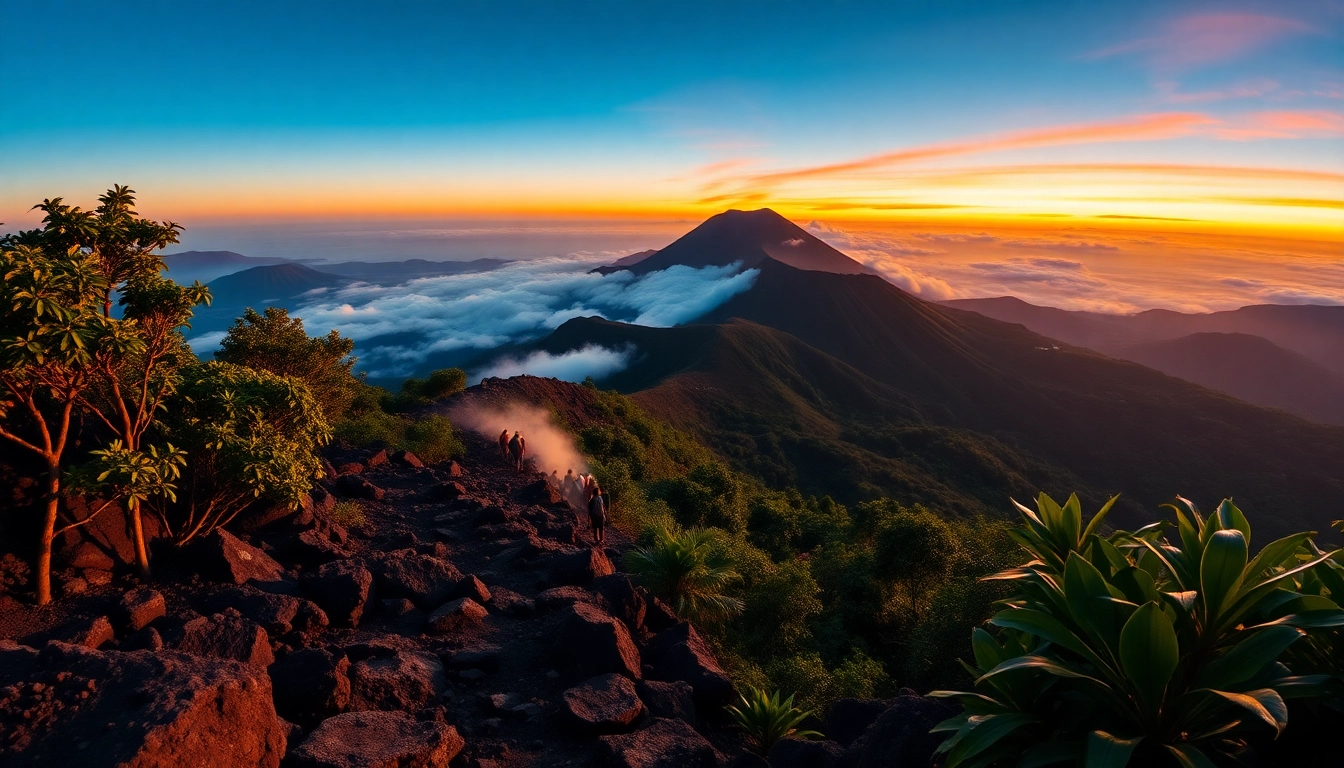 Hikers trekking up Mount Rinjani at sunrise with lush greenery and mist surrounding them.