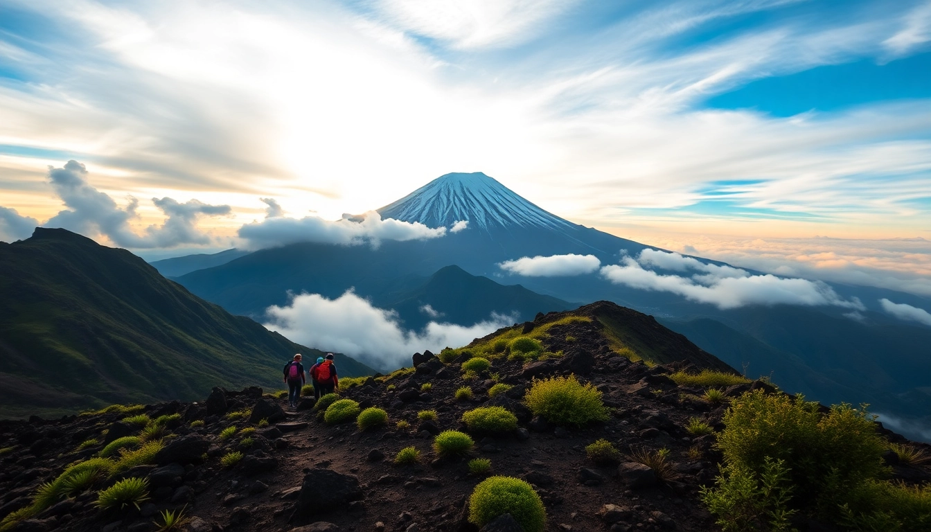 Hikers ascending Mount Rinjani at sunrise with mountain and lush landscape background.