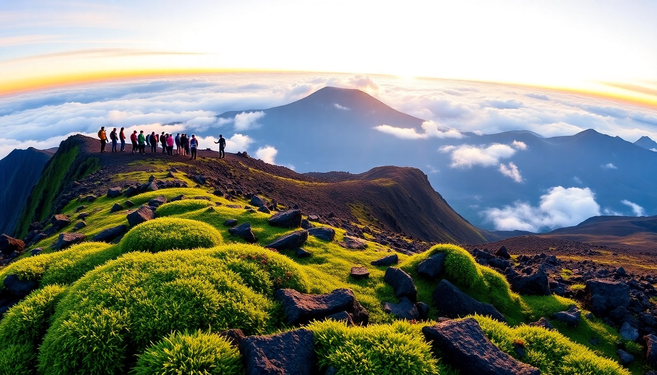 Sunrise view of Mount Rinjani from the crater rim with hikers and lush landscape