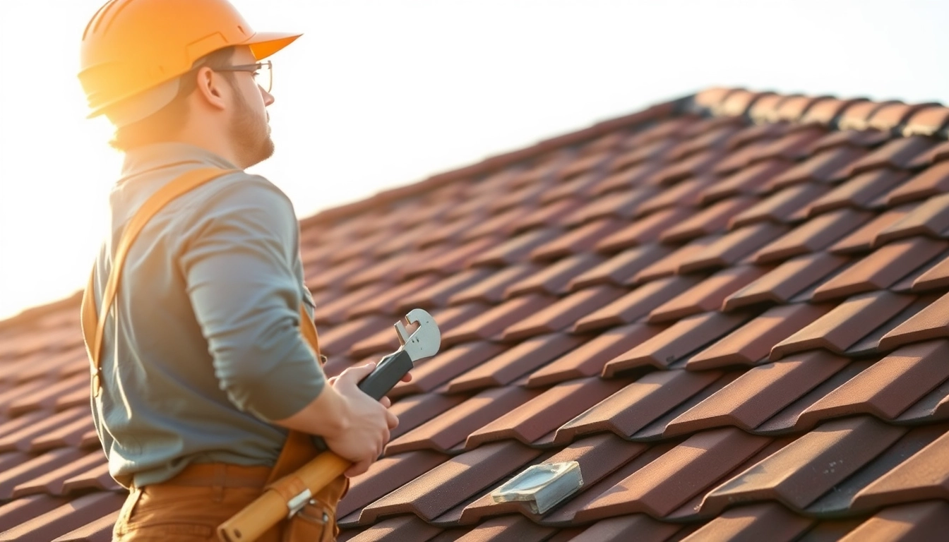 Experienced roofers repairing a residential tiled roof, showcasing craftsmanship and attention to detail, on a bright sunny day.
