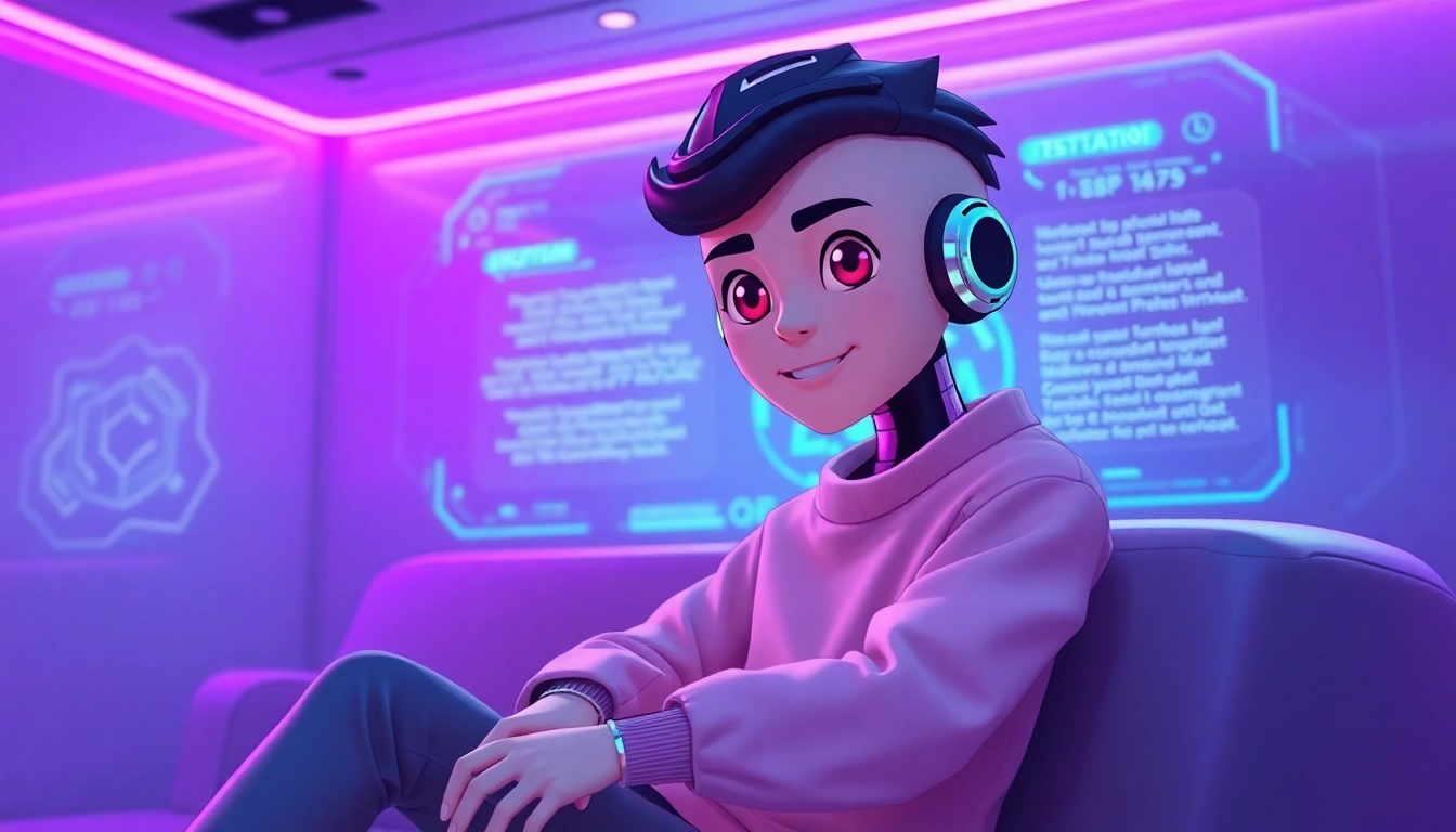 Futuristic virtual environment with an AI character in a neon-lit room