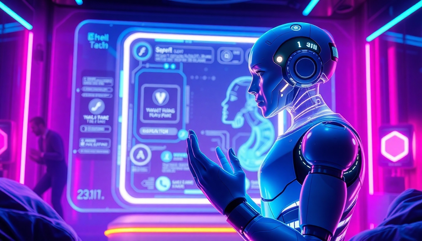A futuristic scene of AI interaction in a neon-lit high-tech room with holographic displays and realistic characters.