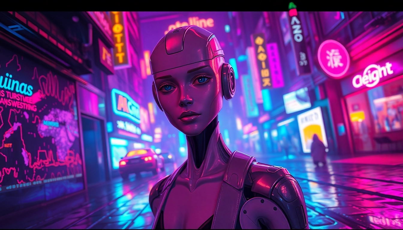 Futuristic AI character in a neon-lit cyberpunk cityscape with expressive body language and vibrant colors.