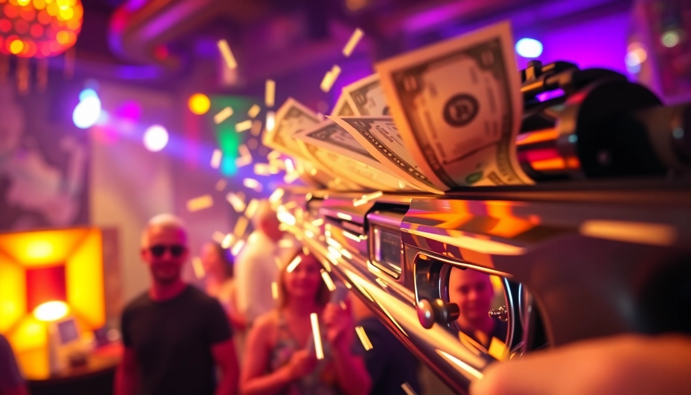 Cashgun firing dollar bills in a lively party, capturing the excitement and motion of money spray.
