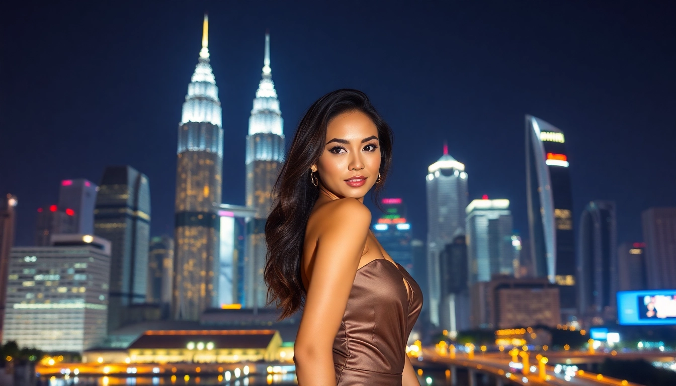 KL escort girl confidently standing against Kuala Lumpur skyline, showcasing beauty and sophistication for discreet escort services.