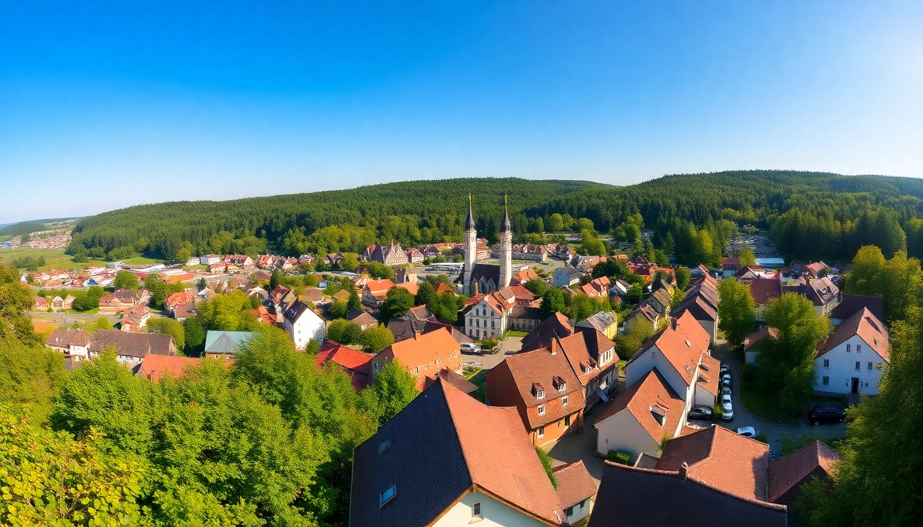 Saalfeld's scenic landscape with charming houses and Thuringian forest backdrop, perfect for outdoor activities and relaxation.