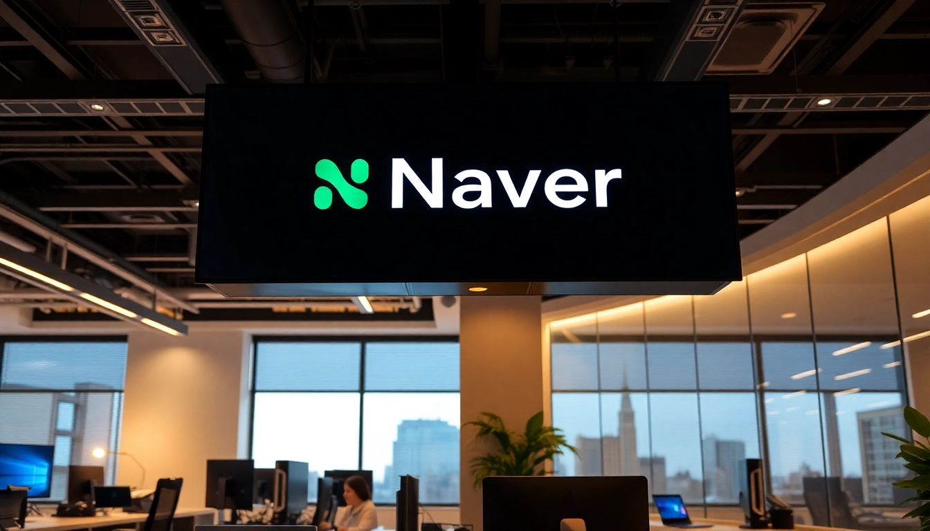 Naver homepage on a laptop screen amidst a professional workspace, highlighting Korea's leading online platform.