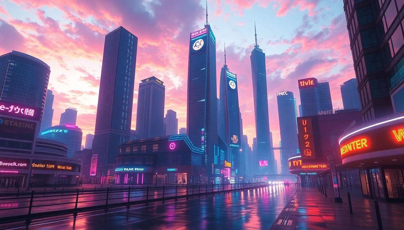Futuristic cityscape created with an ai image generator no restrictions showcasing neon-lit skyscrapers at sunset in hyper-realistic detail for visual creativity.