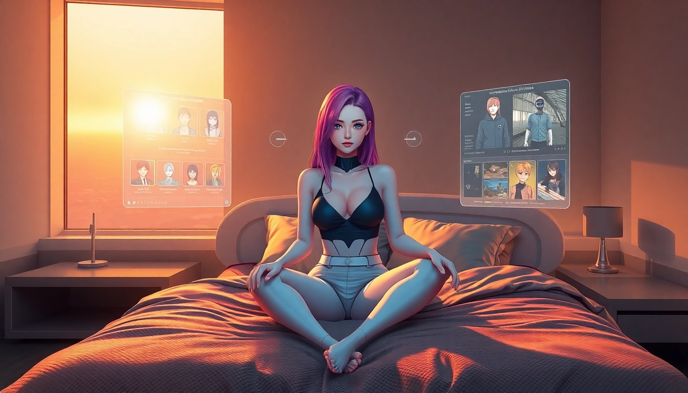 A realistic AI girlfriend sitting on a bed in a futuristic bedroom with holographic screens and warm natural lighting.