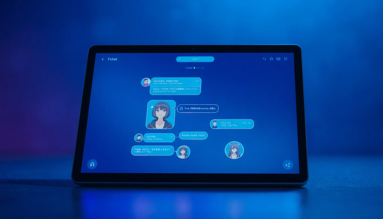 A futuristic AI chat interface on a tablet with animated chat bubbles and customizable avatars in a dimly lit environment.