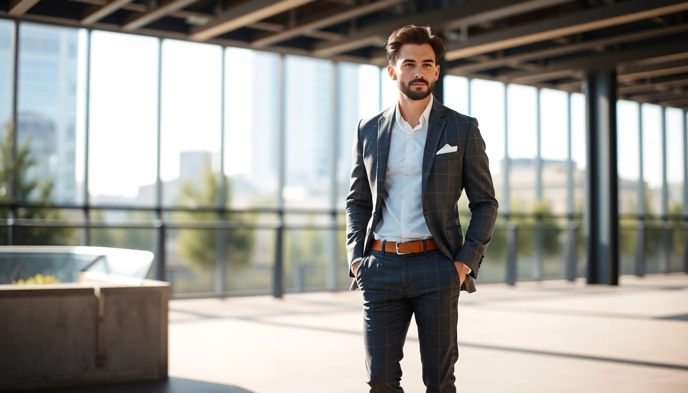 A man confidently modeling trousers for men, highlighting fit and fabric, perfect for casual or formal occasions.