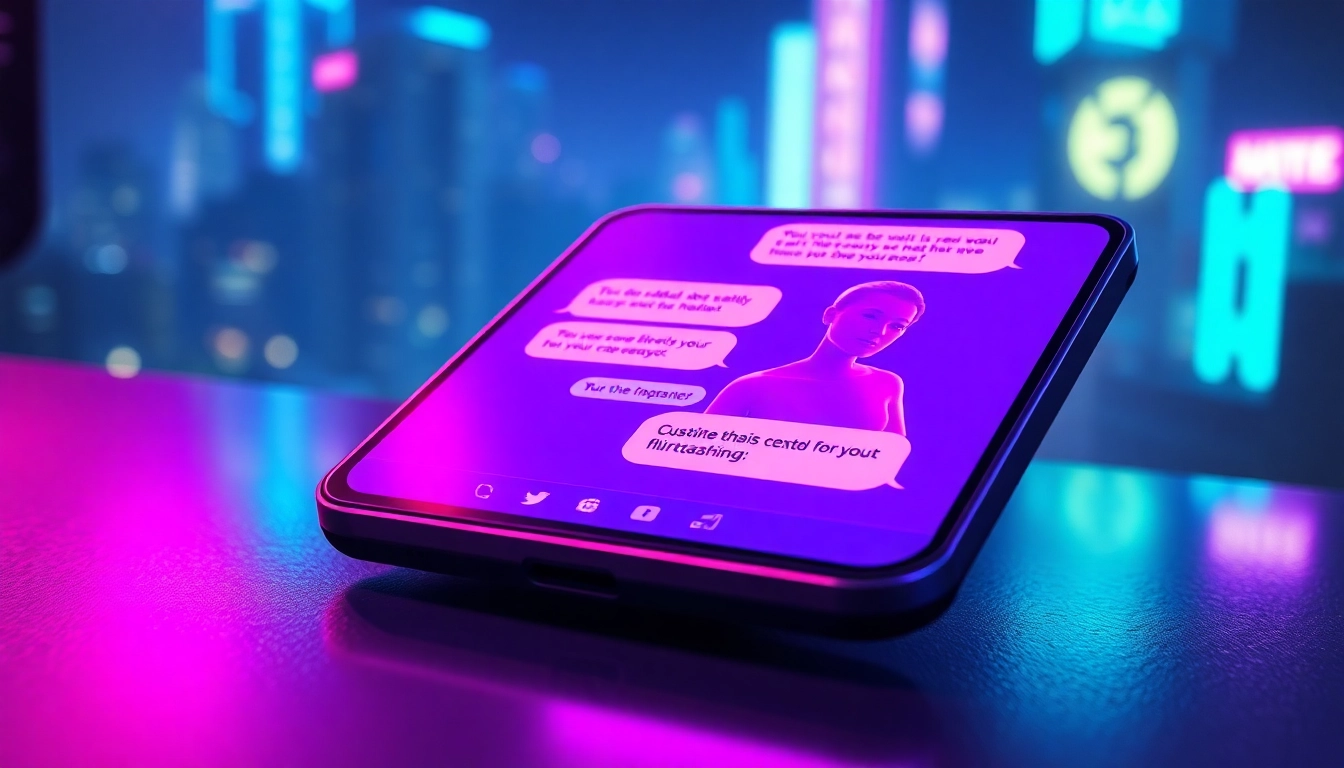 Futuristic digital chat interface with neon colors and a customizable AI character on a sleek device screen.