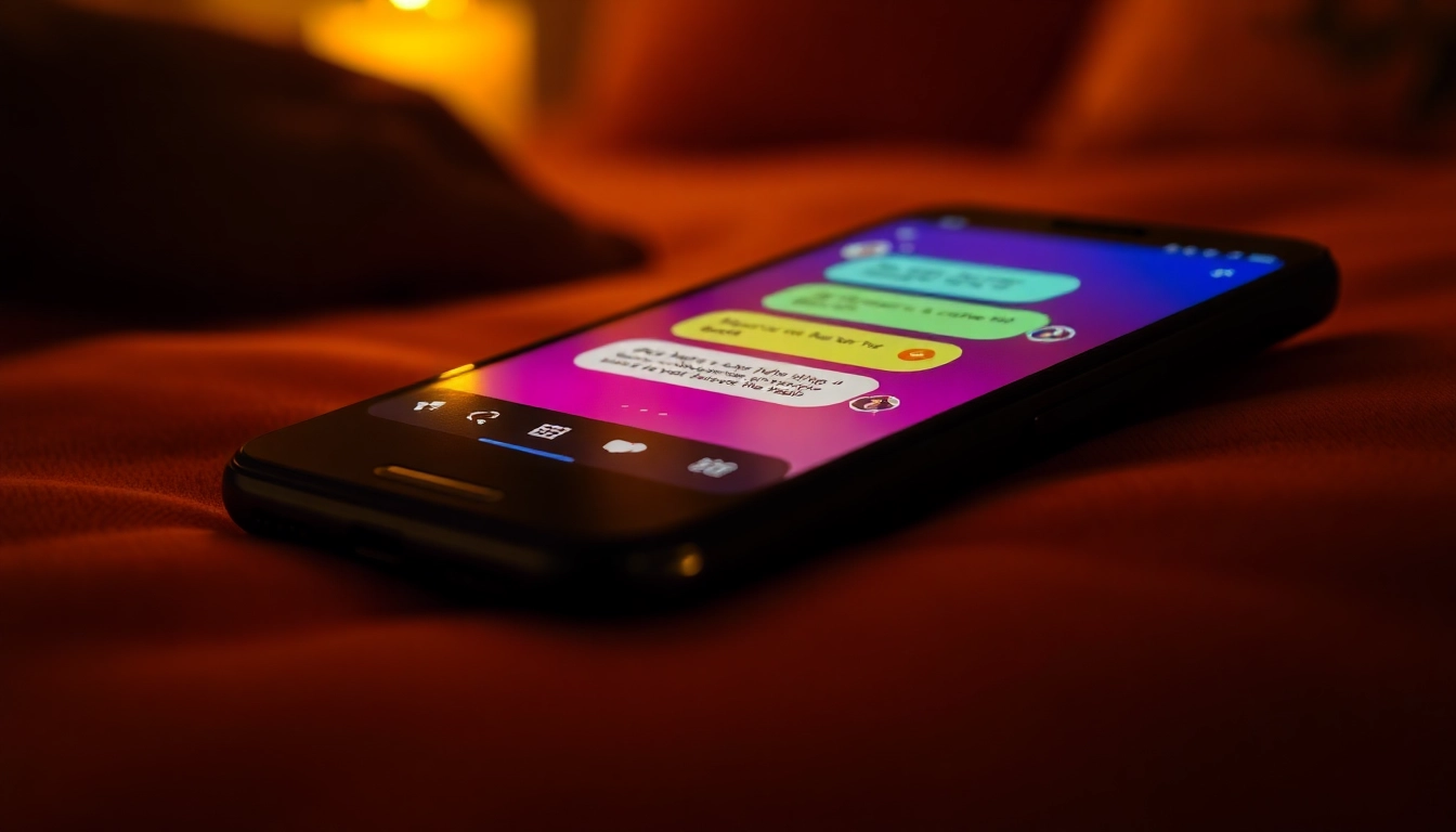 A smartphone displaying a lively chat conversation with vibrant speech bubbles, set on a plush surface in a cozy, warmly lit environment.
