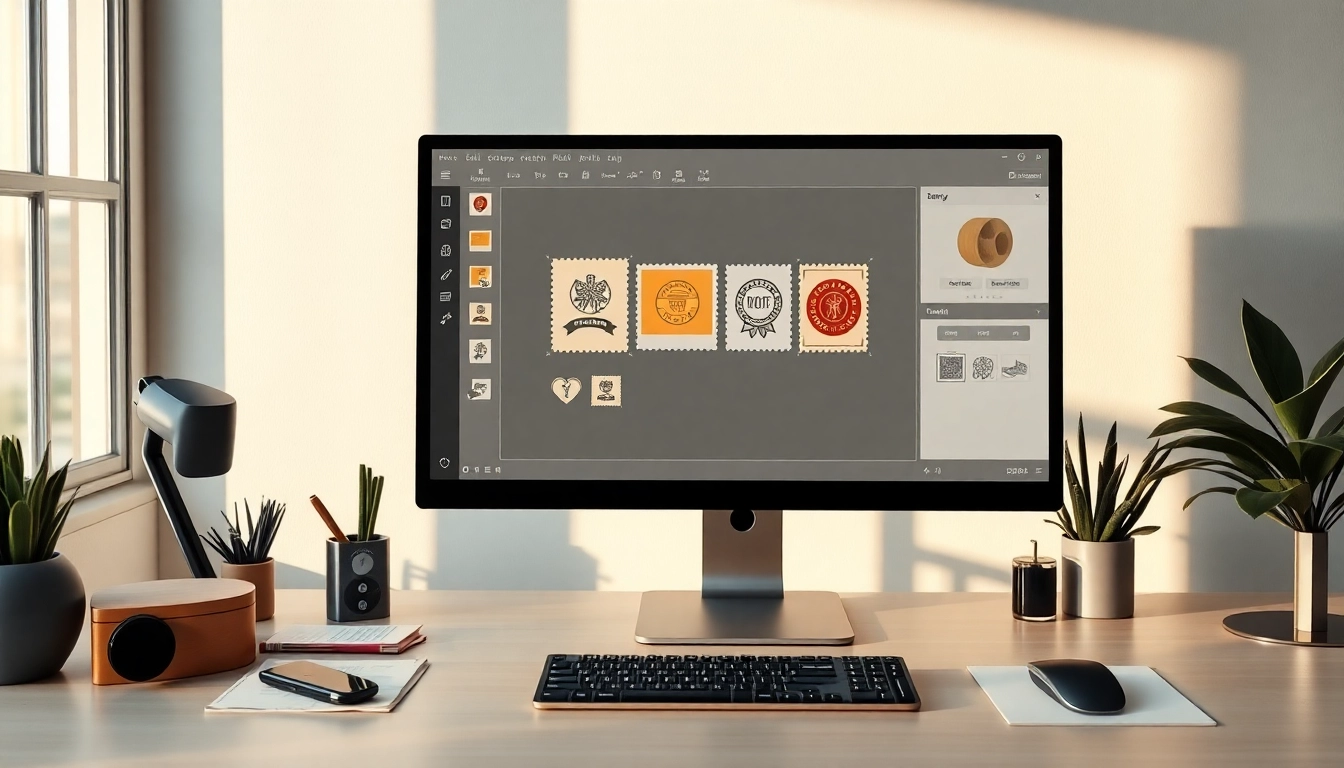 Create pieczątki online with our intuitive design tool, showcasing unique stamp options in a bright workspace.