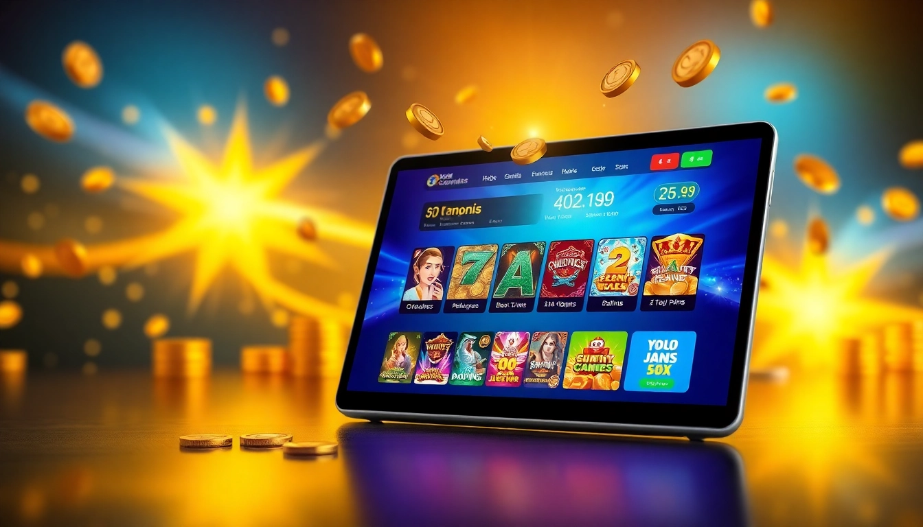 Digital illustration of an online gaming platform on a sleek screen with colorful game icons and promotional banners, glowing with excitement and security.