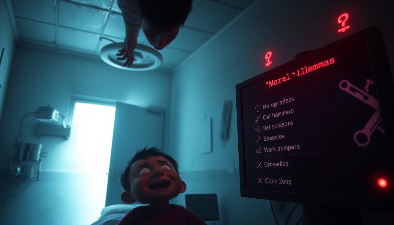 A disturbing scene of a suffering Harvey in a dim medical room with a clicking interface showing upgrade options, evoking psychological horror and moral conflict.