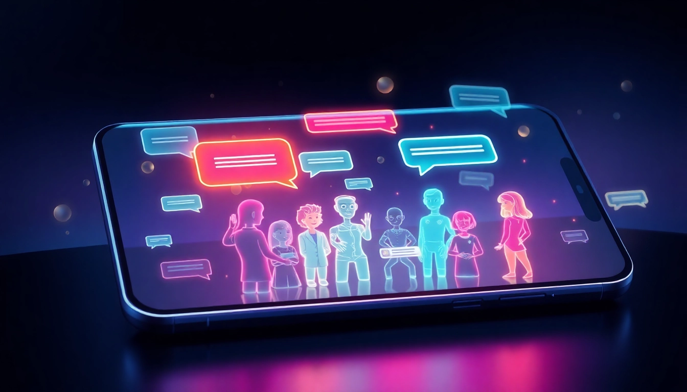 Futuristic digital chat interface with AI characters and data streams in a cyberpunk style.