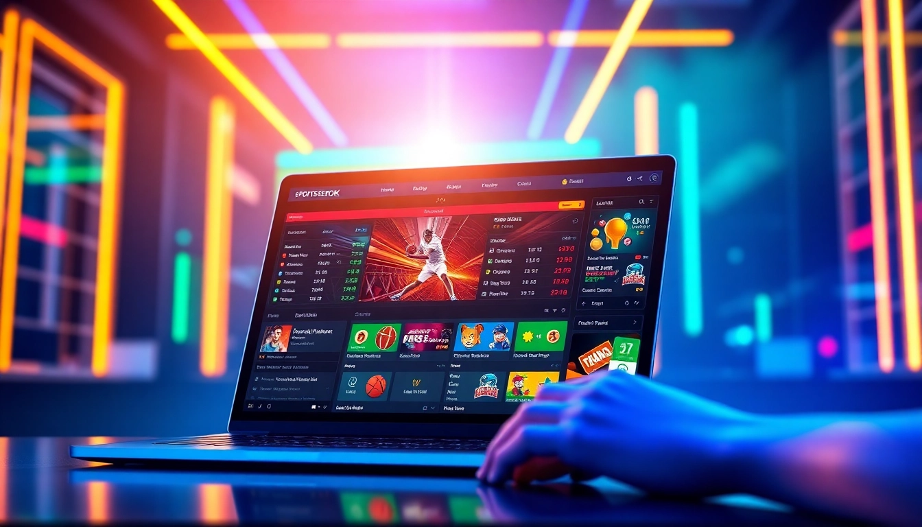 An illustration of an online betting platform with sports icons, vibrant neon lights, and a user engaging with the site on a device.