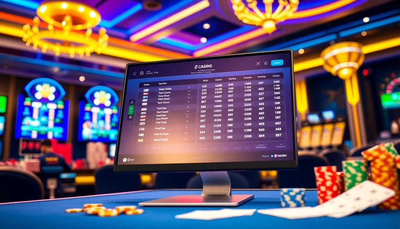 An illustration of an online sportsbook and casino platform with betting odds, casino chips, and glowing lights, evoking excitement and modern gaming.