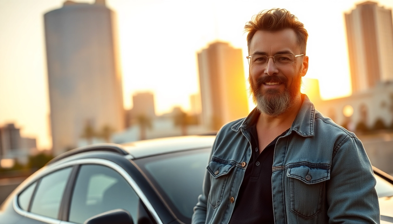A stylish man leaning against a car in an urban setting during sunset