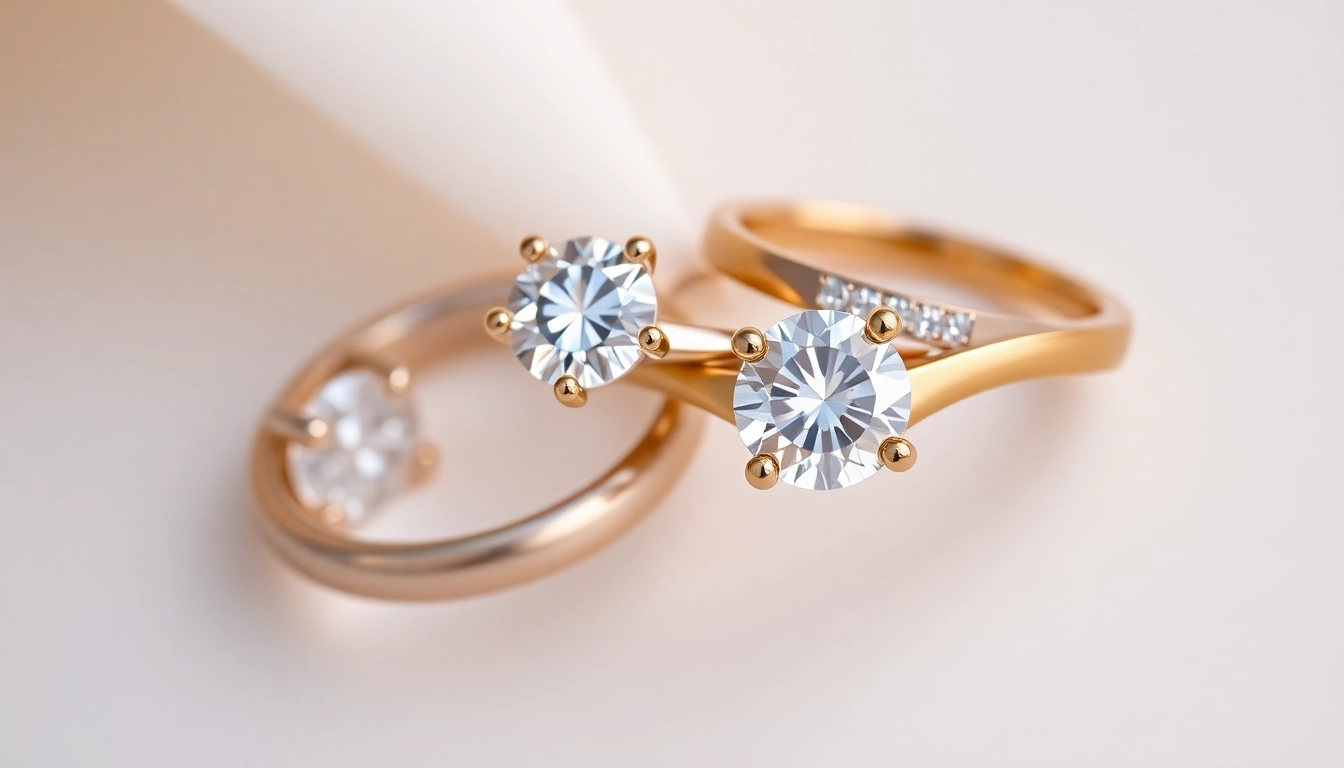 Modern engagement rings with sleek designs and sparkling diamonds on gold bands in elegant settings, highlighting sophistication and style for couples.