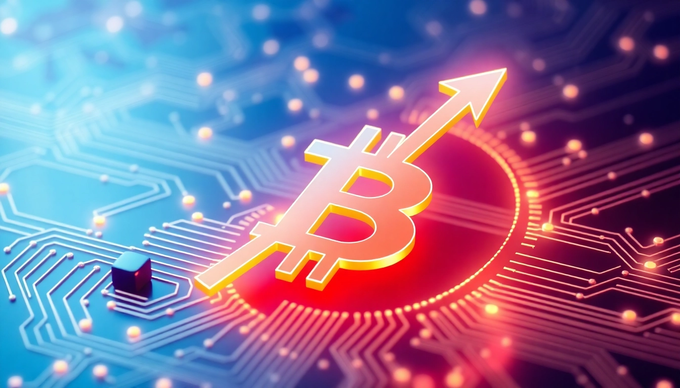 Bitcoin cryptocurrency rising with blockchain circuit background symbolizing growth and digital
