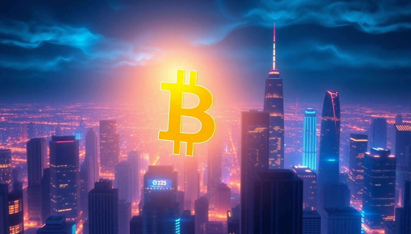 Dynamic illustration of a rising bitcoin with futuristic city background symbolizing growth in