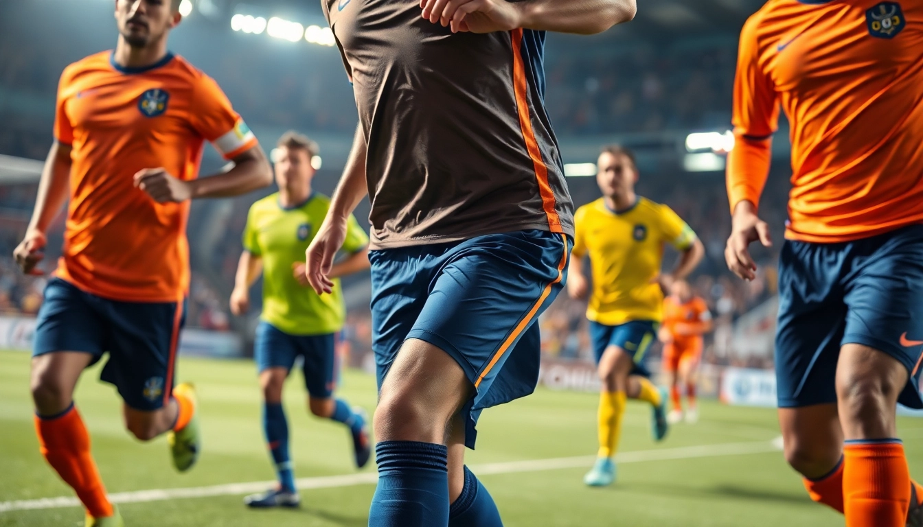 High-quality soccer uniforms worn by athletes in action, showcasing vibrant colors, performance fabrics, and team branding for a professional look.