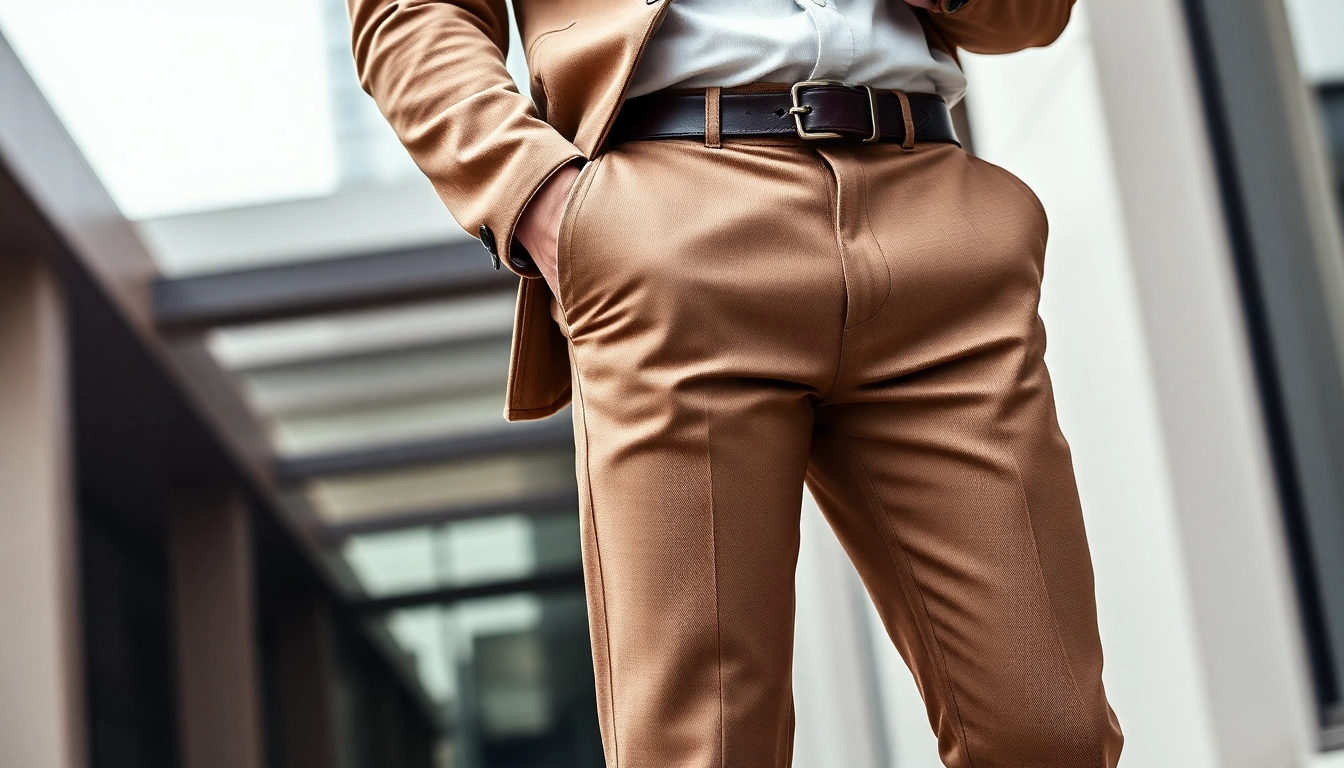 Man confidently wearing trousers for men in a chic urban environment showcasing style and fit for modern fashion.