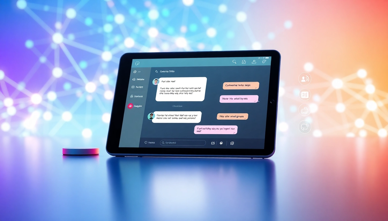 A modern tablet displaying an AI chatbot conversation with colorful speech bubbles and digital network background.