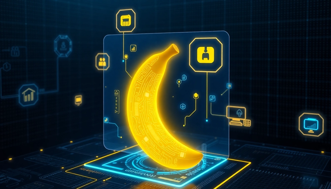 Futuristic AI interface featuring a digital banana icon with circuit patterns and holographic data streams.