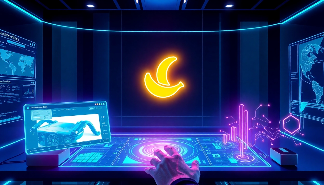 Futuristic AI workspace with holographic screens and Nano Banana logo