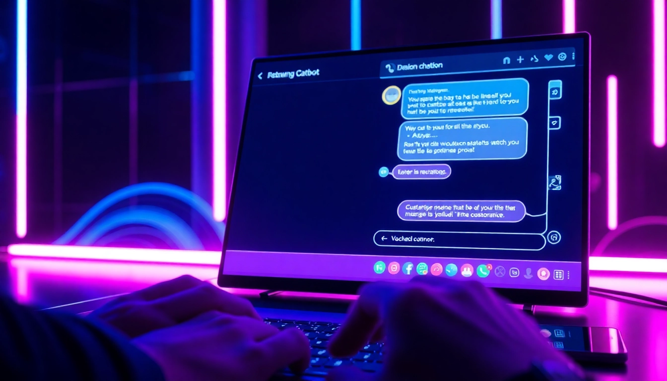 A futuristic AI chatbot interface on a digital screen with vibrant neon lighting and a user engaging in conversation.